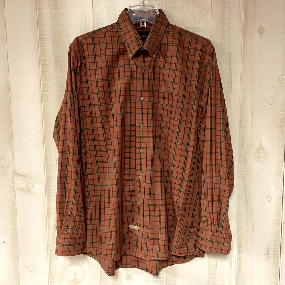 Allen Edmonds Orange Blue Green Plaid 100% Cotton No-Iron Button Down Shirt Sz L